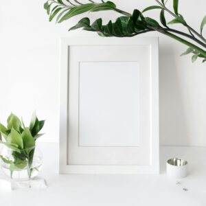 A clean, minimal desk setup with white frames and lush green plants for a fresh office vibe.