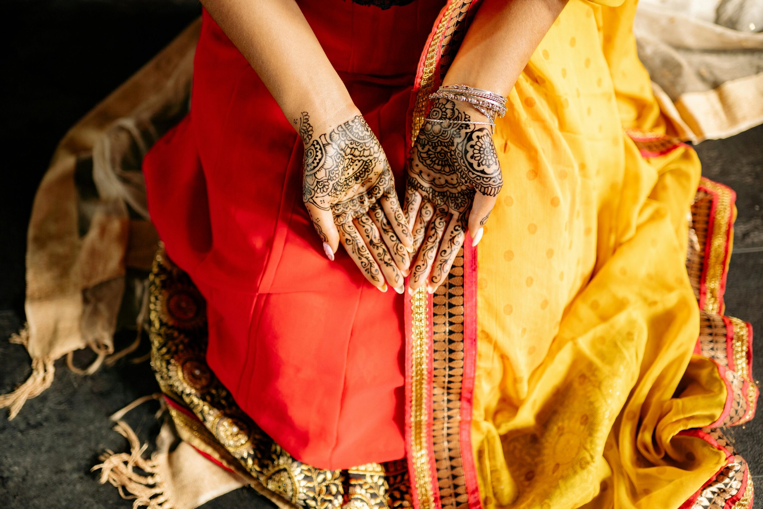 Close-up of henna-decorated hands in traditional Indian outfit, symbolizing cultural celebration.